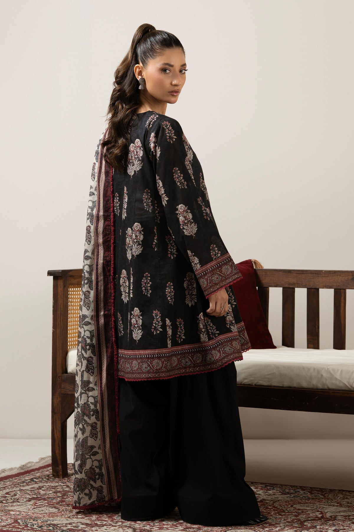 Classical black unstitched printed lawn 3-piece traditional attire with vibrant contrast design accents