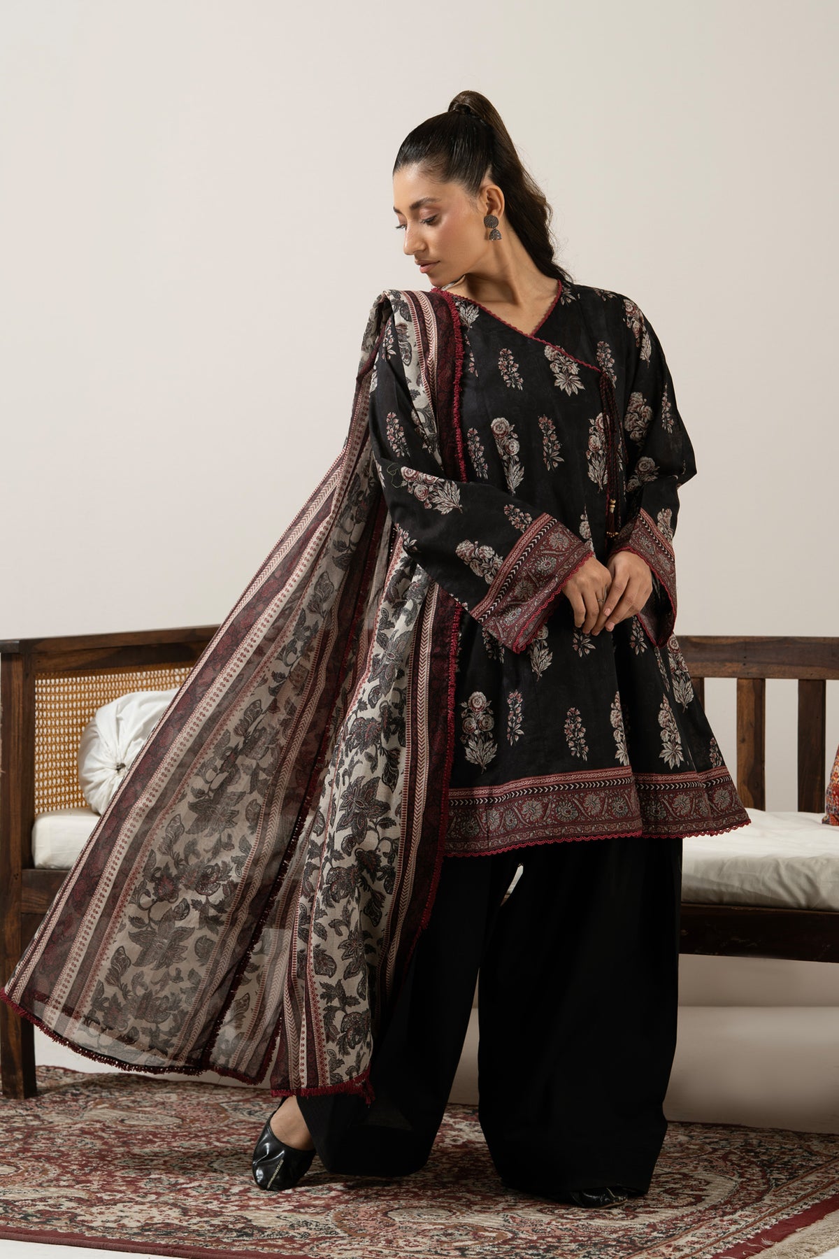 Classical black unstitched printed lawn 3-piece traditional attire with vibrant contrast design accents