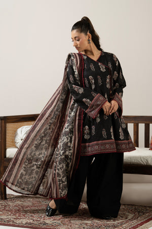 Classical black unstitched printed lawn 3-piece traditional attire with vibrant contrast design accents