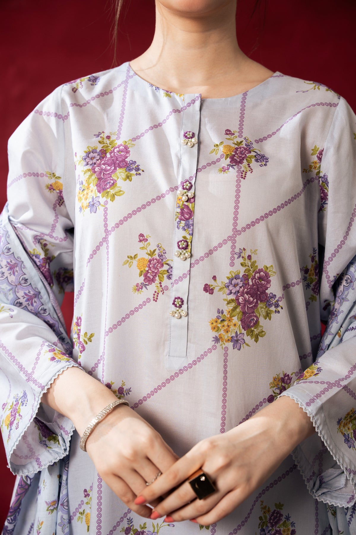 Cool light blue unstitched 3-piece printed lawn suit crafted for breathable everyday seasonal comfort