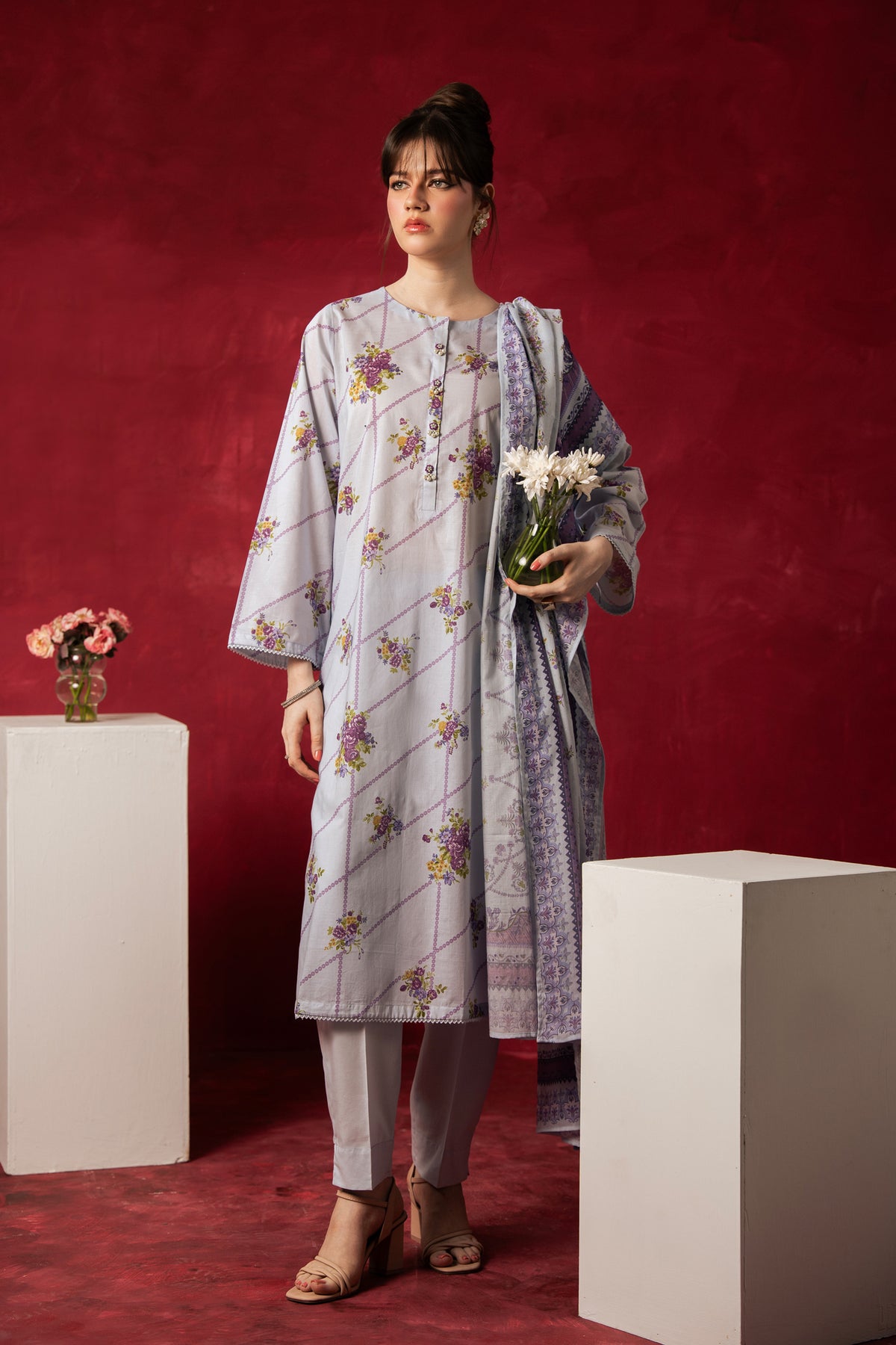 Cool light blue unstitched 3-piece printed lawn suit crafted for breathable everyday seasonal comfort