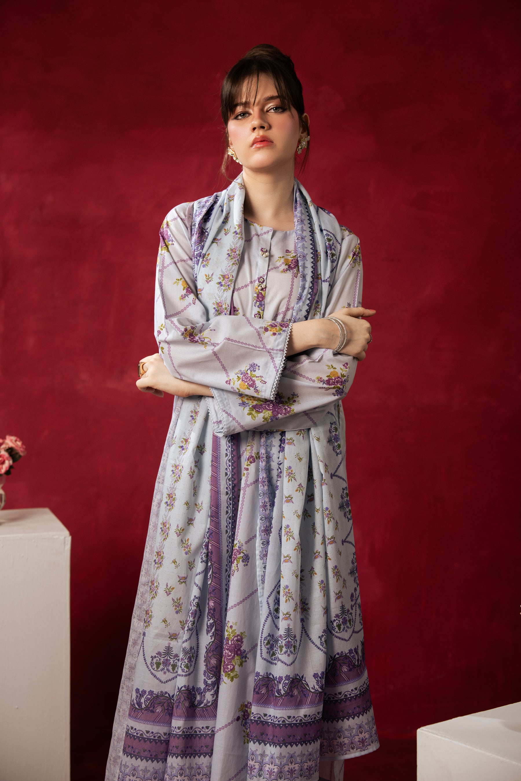 Cool light blue unstitched 3-piece printed lawn suit crafted for breathable everyday seasonal comfort