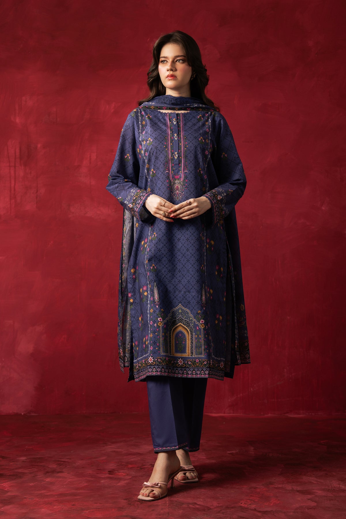 Deep blue traditional printed lawn unstitched 3-piece suit displaying premium summer textile patterns