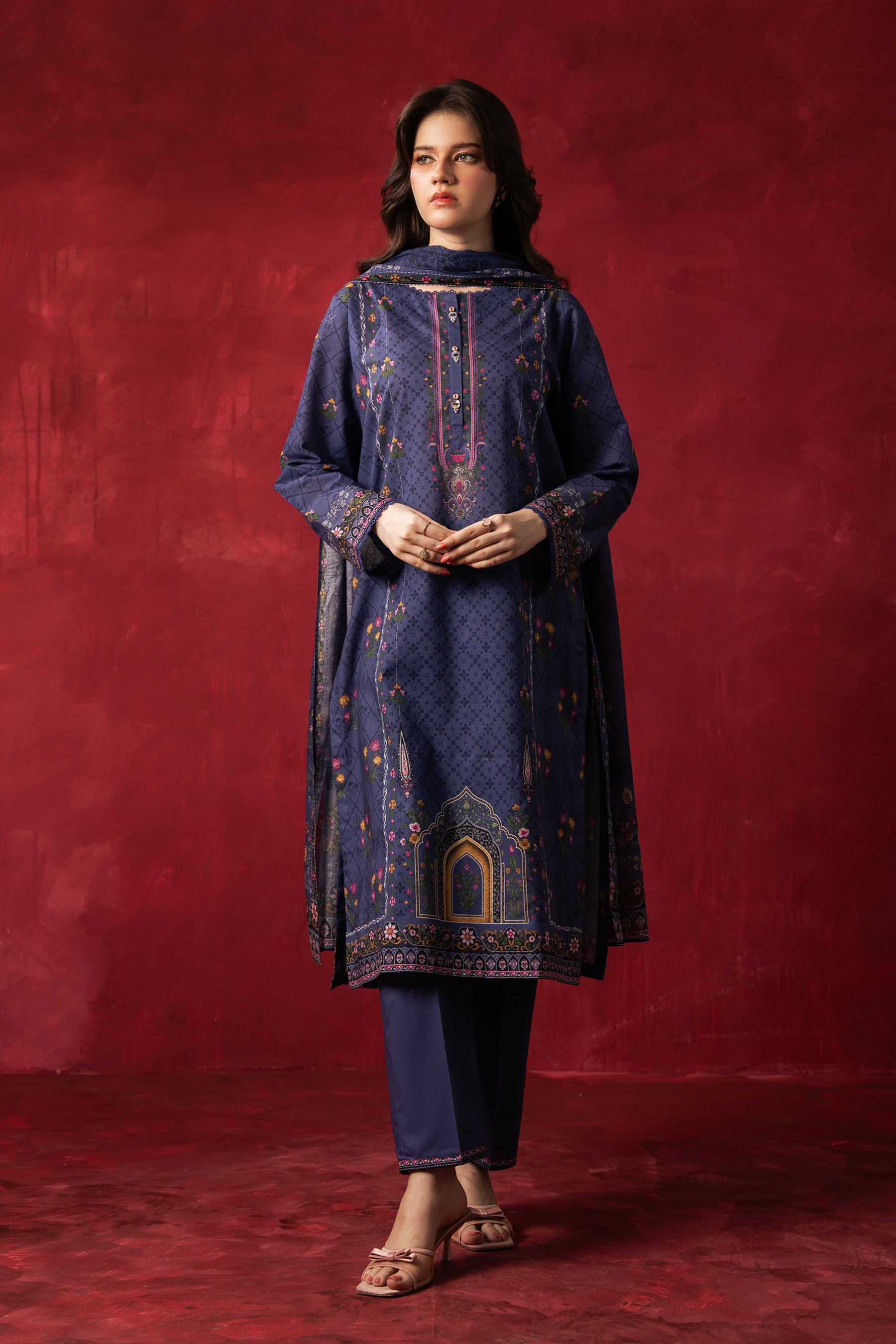 Deep blue traditional printed lawn unstitched 3-piece suit displaying premium summer textile patterns