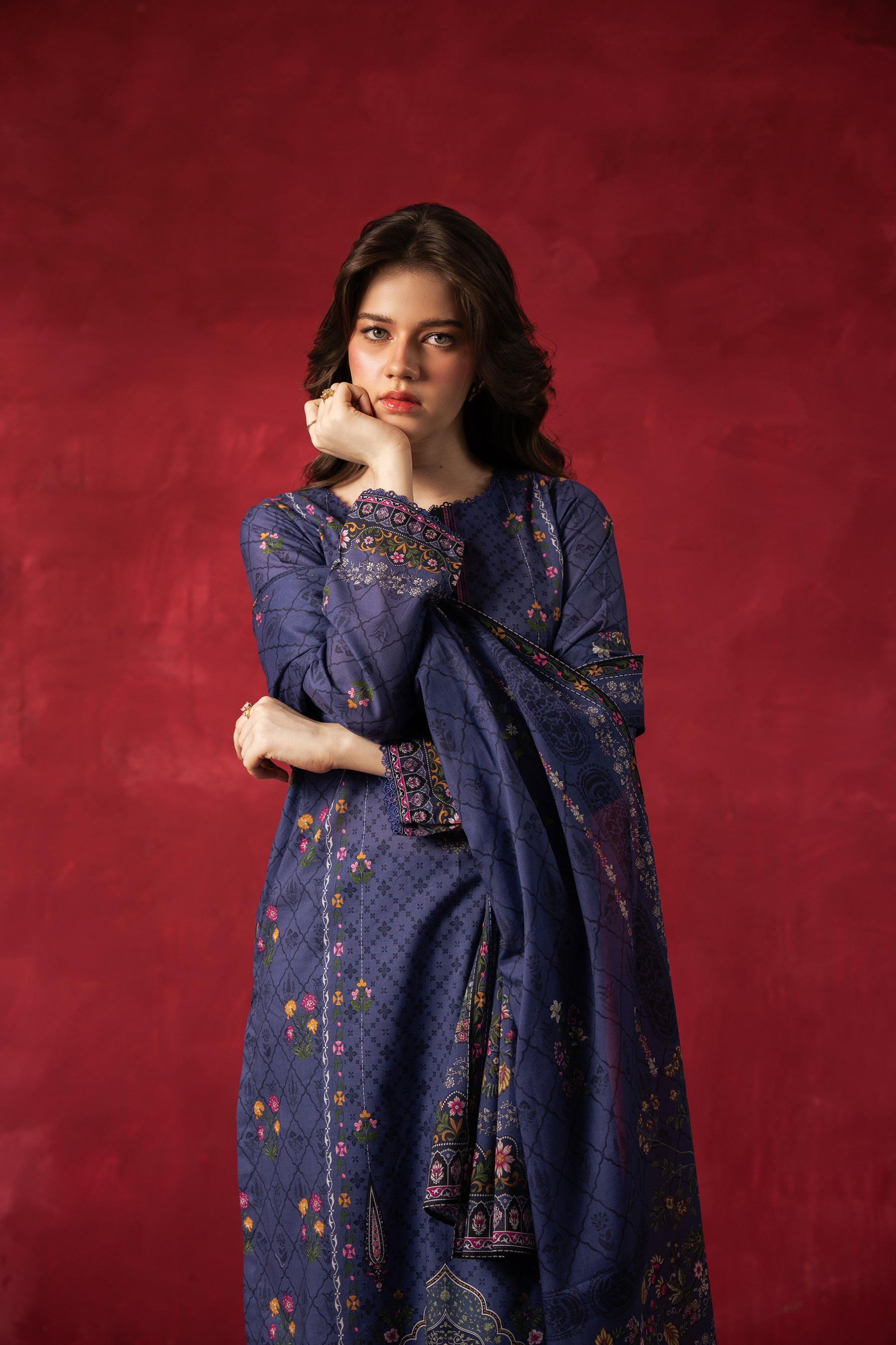 Deep blue traditional printed lawn unstitched 3-piece suit displaying premium summer textile patterns