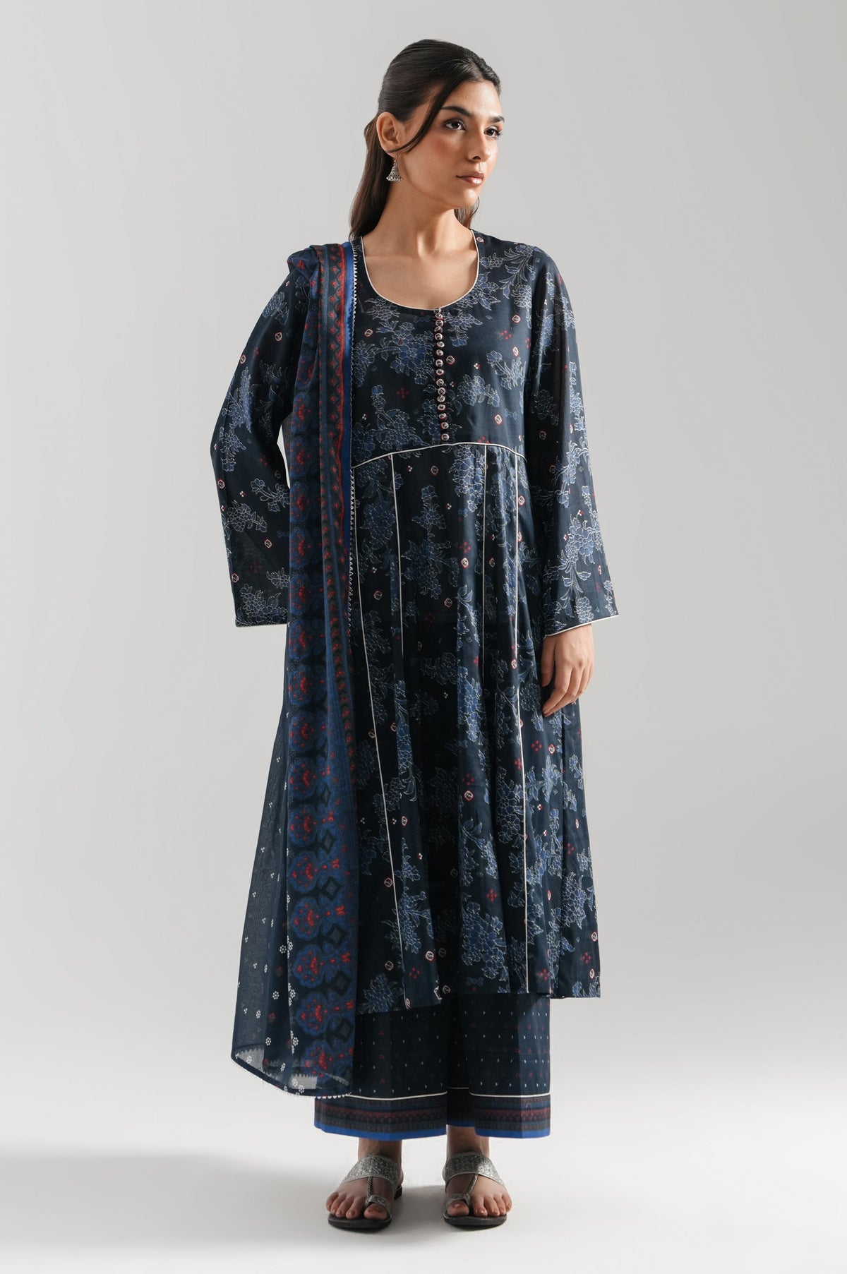 Deep navy blue paste printed lawn unstitched 3-piece suit accented by premium textured shimmer print details
