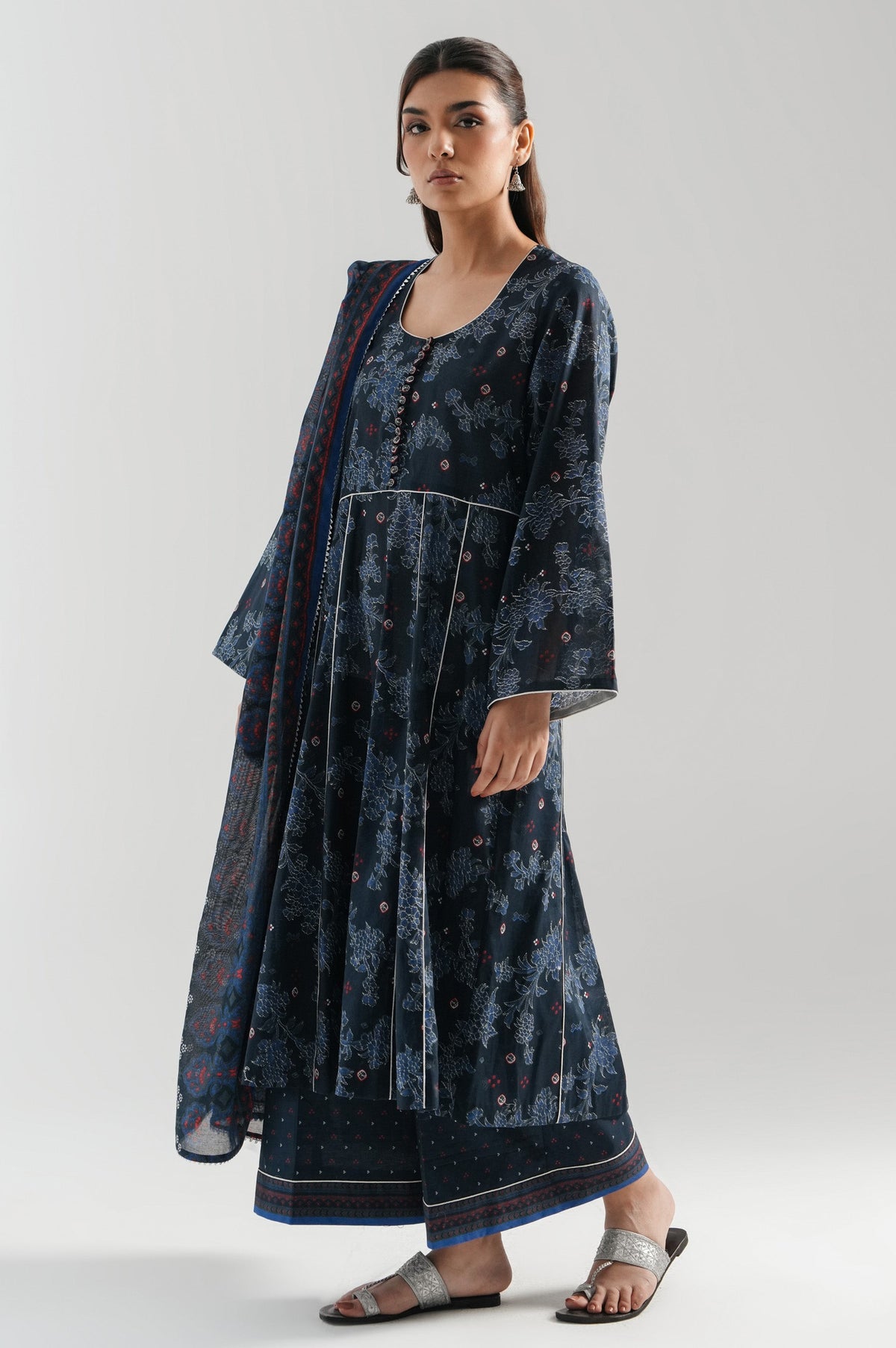 Deep navy blue paste printed lawn unstitched 3-piece suit accented by premium textured shimmer print details