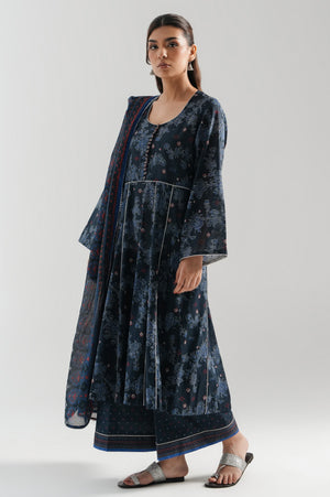 Deep navy blue paste printed lawn unstitched 3-piece suit accented by premium textured shimmer print details