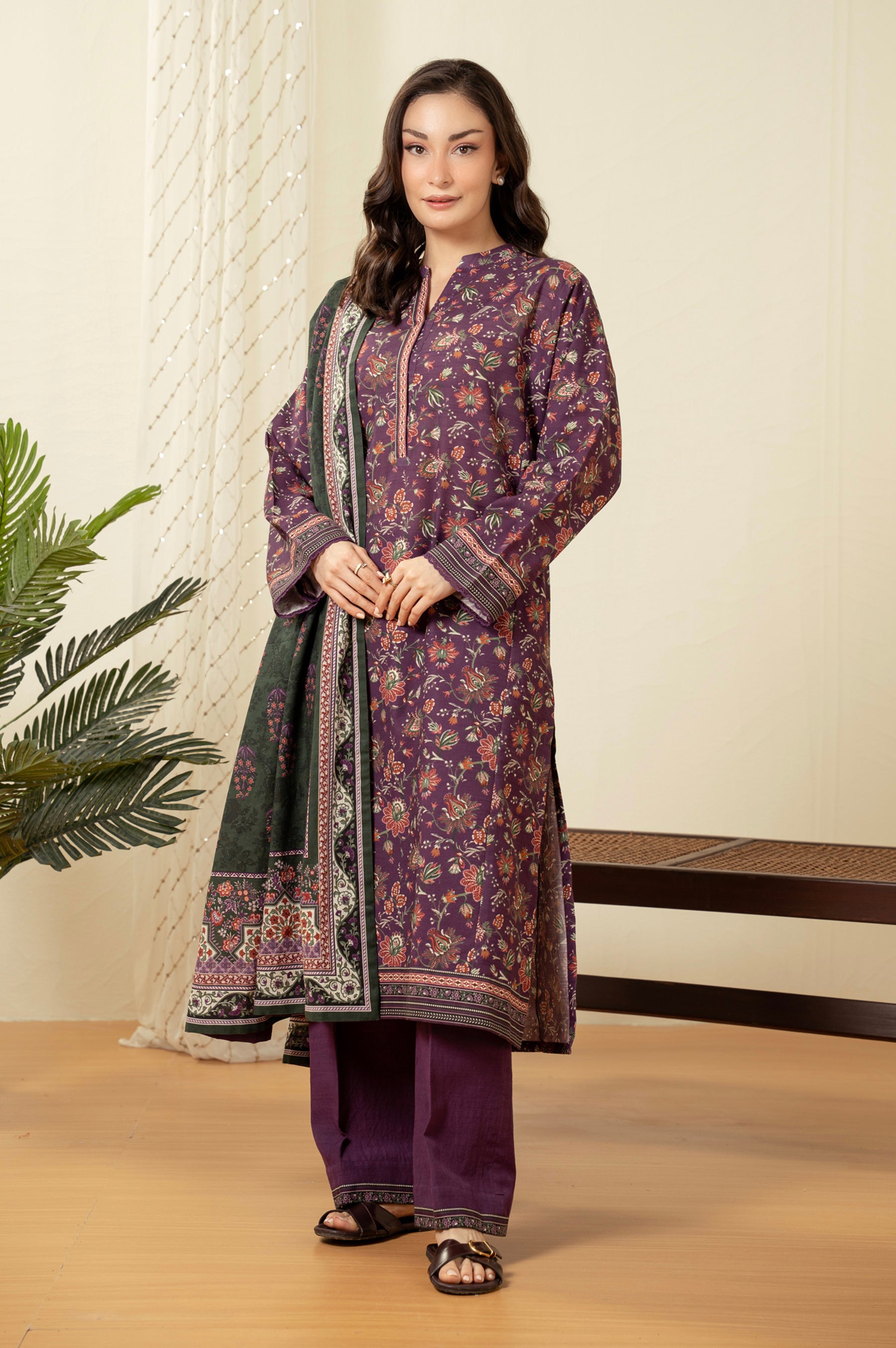 Deep plum purple unstitched printed 3-piece suit presenting a classic traditional balance for women