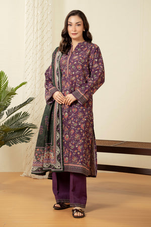 Deep plum purple unstitched printed 3-piece suit presenting a classic traditional balance for women