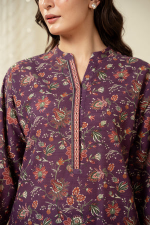 Deep plum purple unstitched printed 3-piece suit presenting a classic traditional balance for women