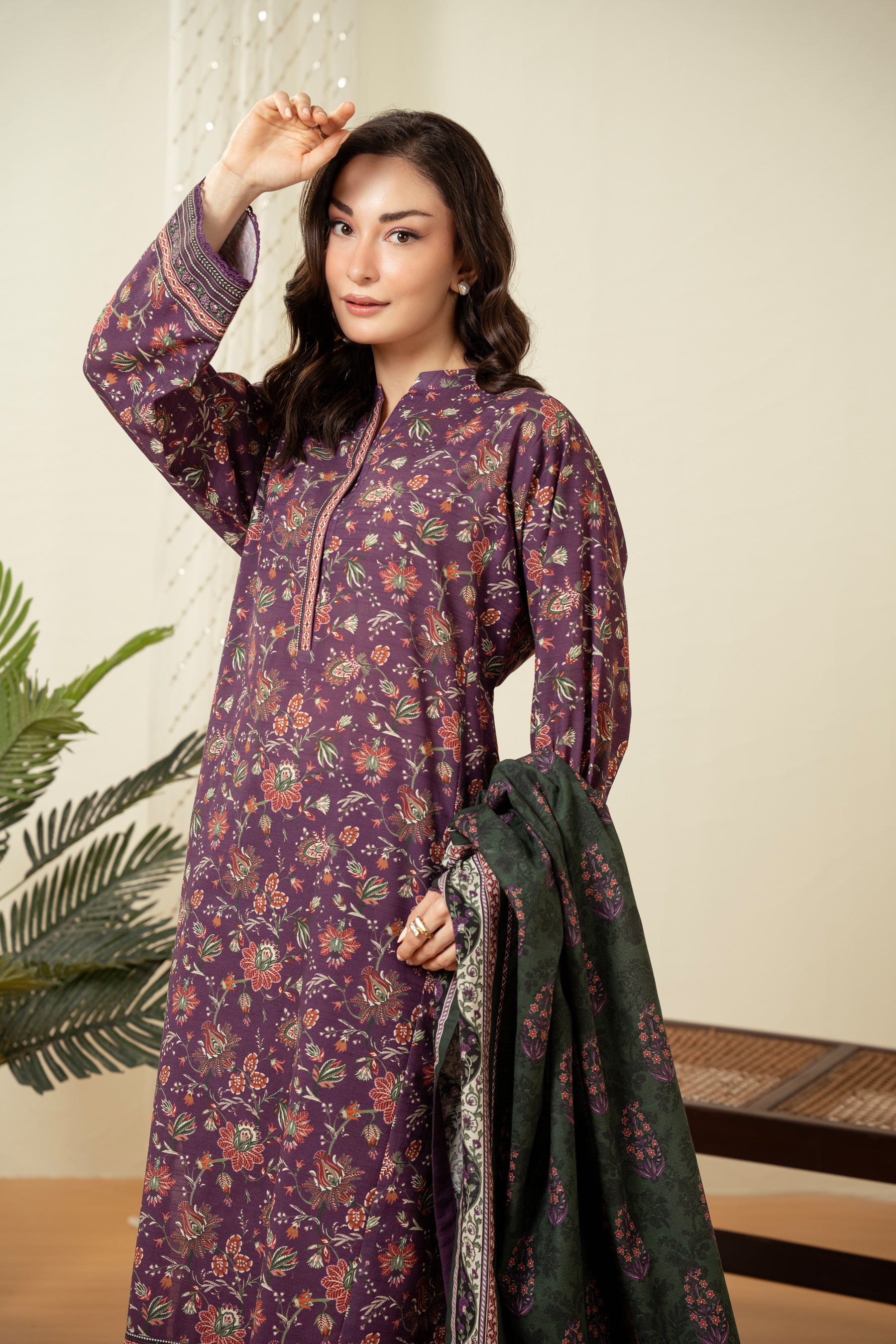 Deep plum purple unstitched printed 3-piece suit presenting a classic traditional balance for women