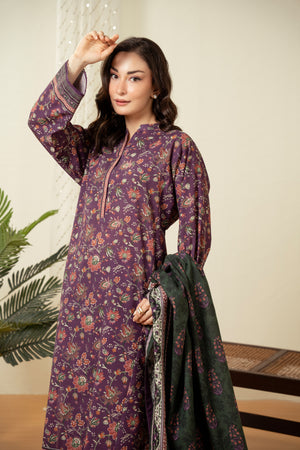 Deep plum purple unstitched printed 3-piece suit presenting a classic traditional balance for women