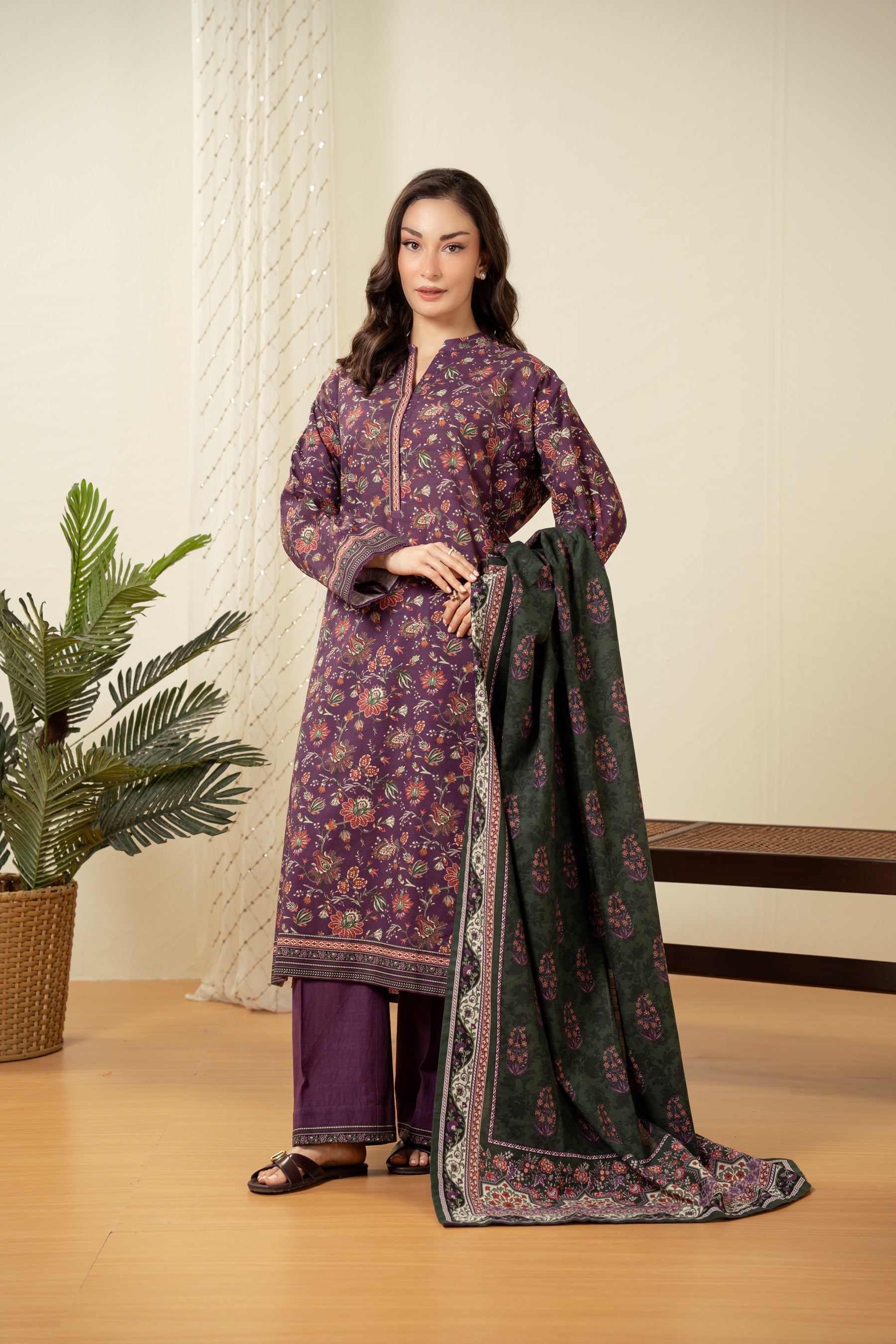 Deep plum purple unstitched printed 3-piece suit presenting a classic traditional balance for women