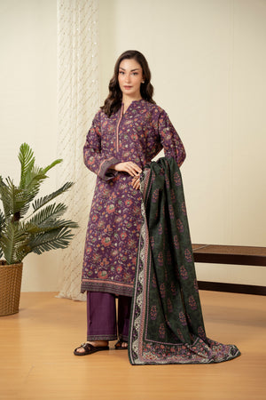 Deep plum purple unstitched printed 3-piece suit presenting a classic traditional balance for women