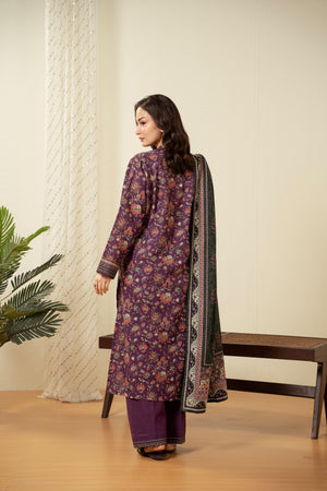 Deep plum purple unstitched printed 3-piece suit presenting a classic traditional balance for women