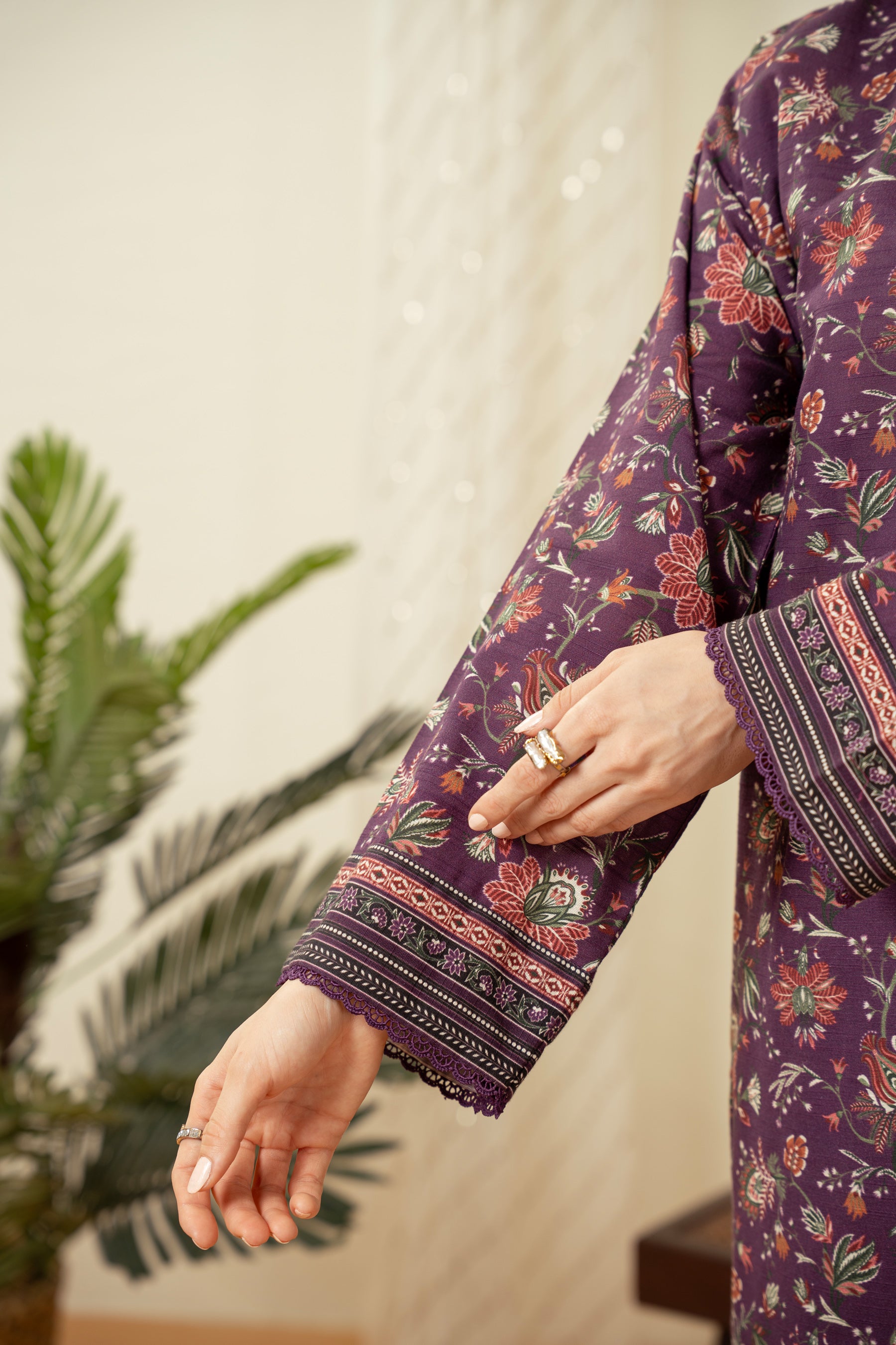 Deep plum purple unstitched printed 3-piece suit presenting a classic traditional balance for women