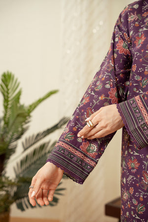 Deep plum purple unstitched printed 3-piece suit presenting a classic traditional balance for women