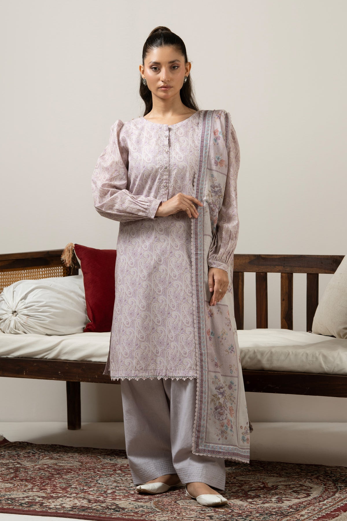 Delicate lilac unstitched 3-piece printed lawn suit highlighted by charming pastel aesthetic patterns
