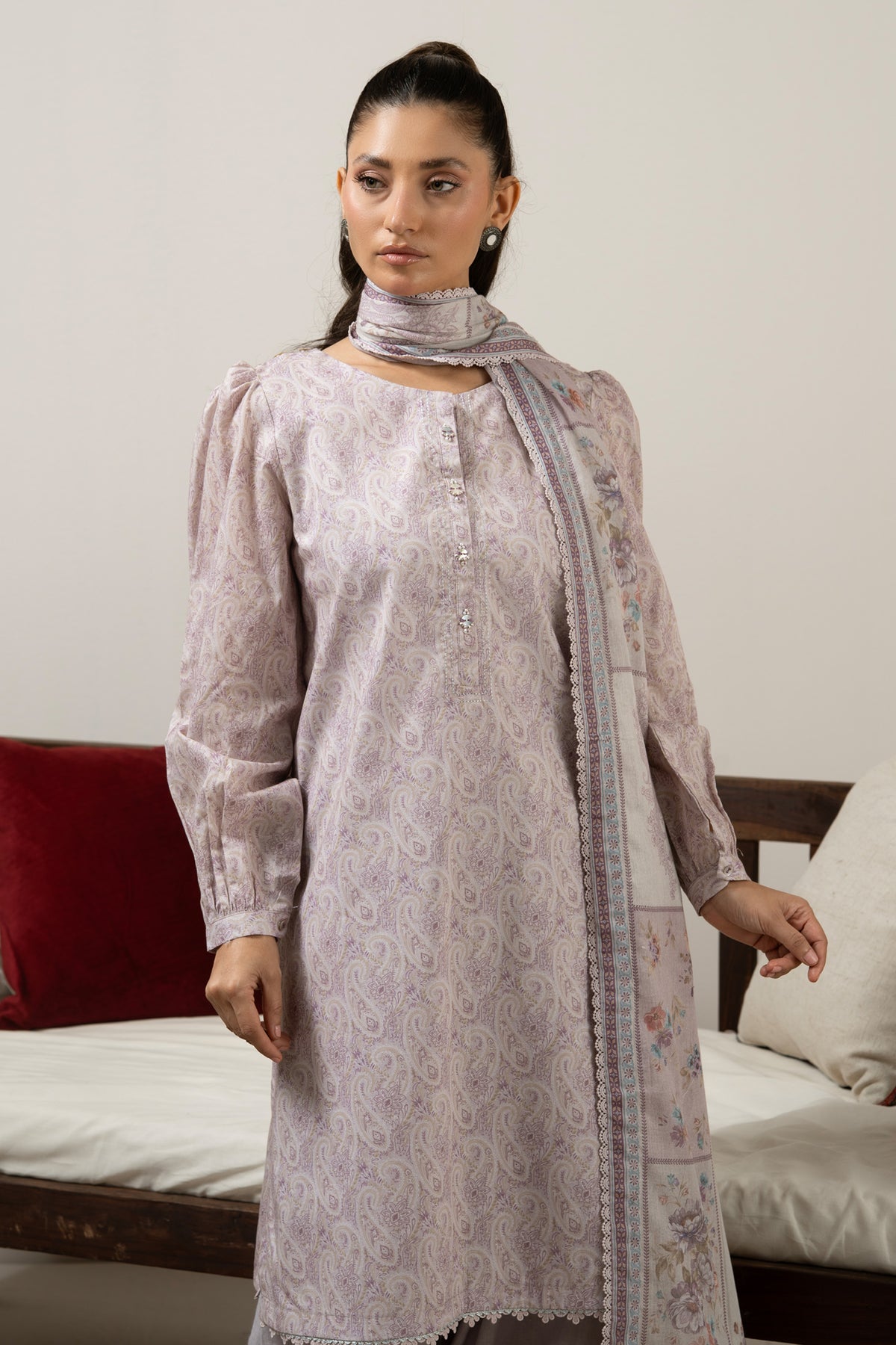 Delicate lilac unstitched 3-piece printed lawn suit highlighted by charming pastel aesthetic patterns