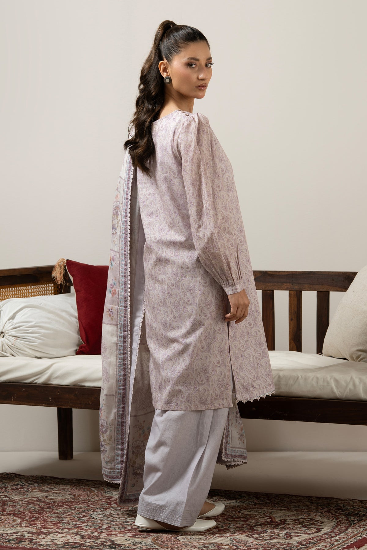Delicate lilac unstitched 3-piece printed lawn suit highlighted by charming pastel aesthetic patterns