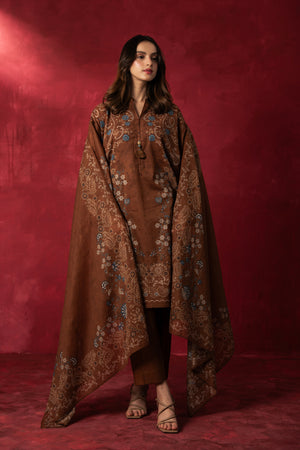 Earthy brown printed lawn unstitched 3-piece suit featuring high-contrast regular prints and fine lawn fabric finish