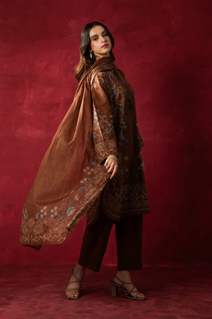 Earthy brown printed lawn unstitched 3-piece suit featuring high-contrast regular prints and fine lawn fabric finish