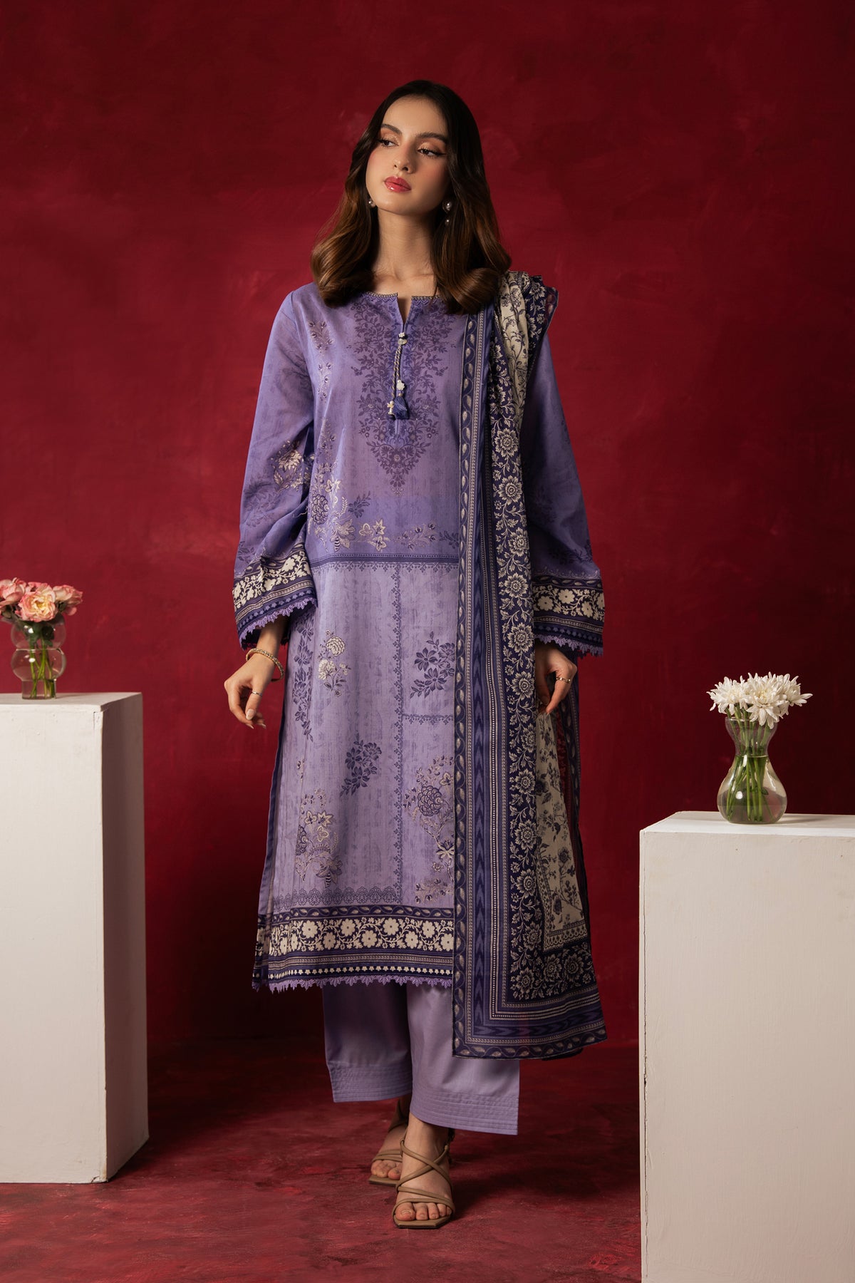 Elegant lavender unstitched 3-piece printed lawn suit featuring a lightweight floral dupatta and matching trouser fabric