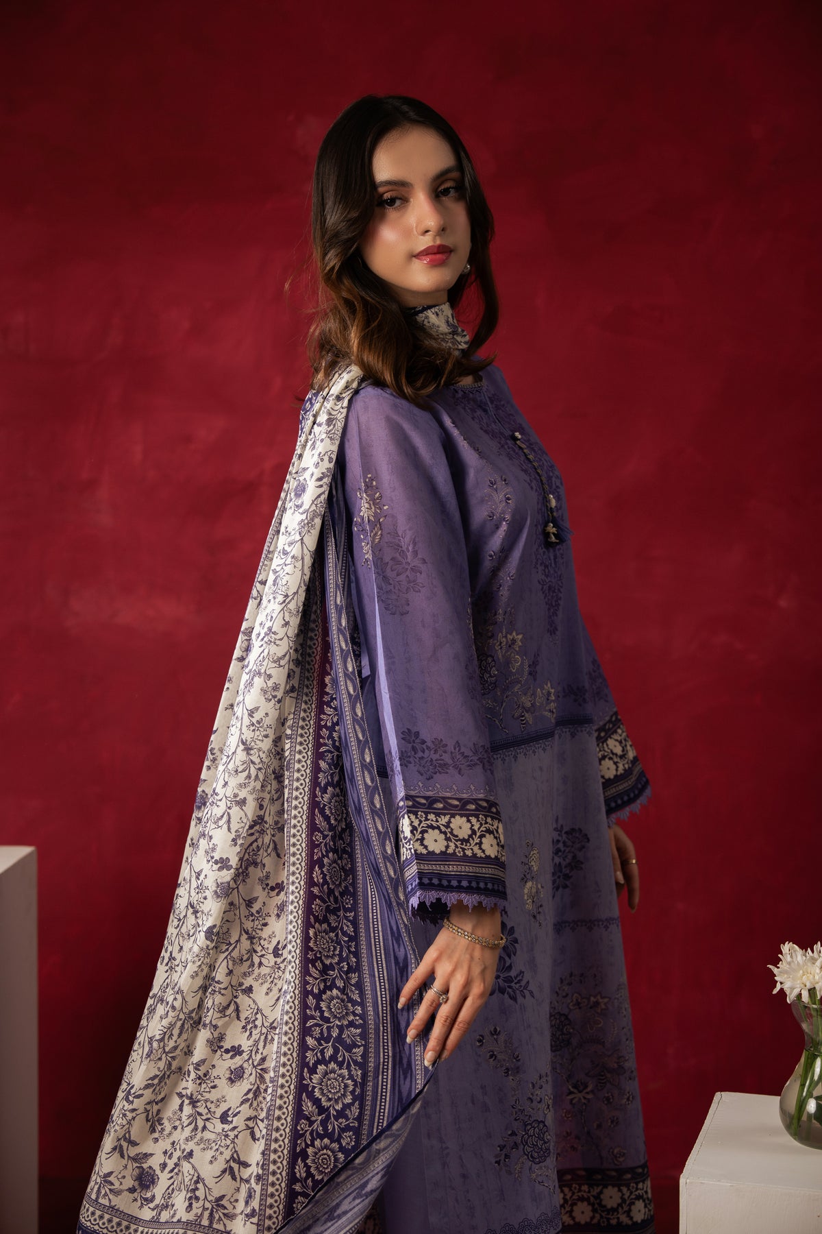Elegant lavender unstitched 3-piece printed lawn suit featuring a lightweight floral dupatta and matching trouser fabric