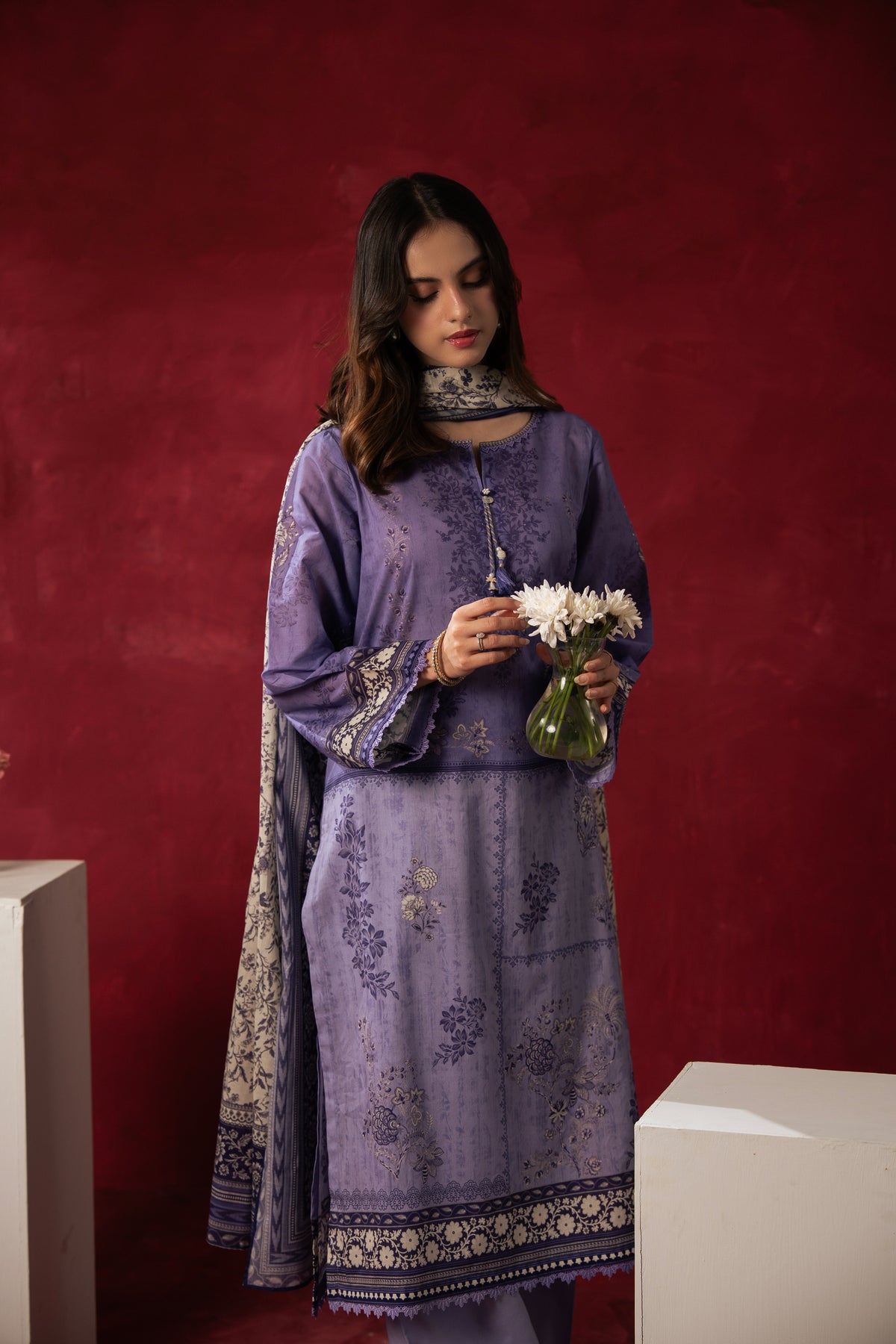 Elegant lavender unstitched 3-piece printed lawn suit featuring a lightweight floral dupatta and matching trouser fabric