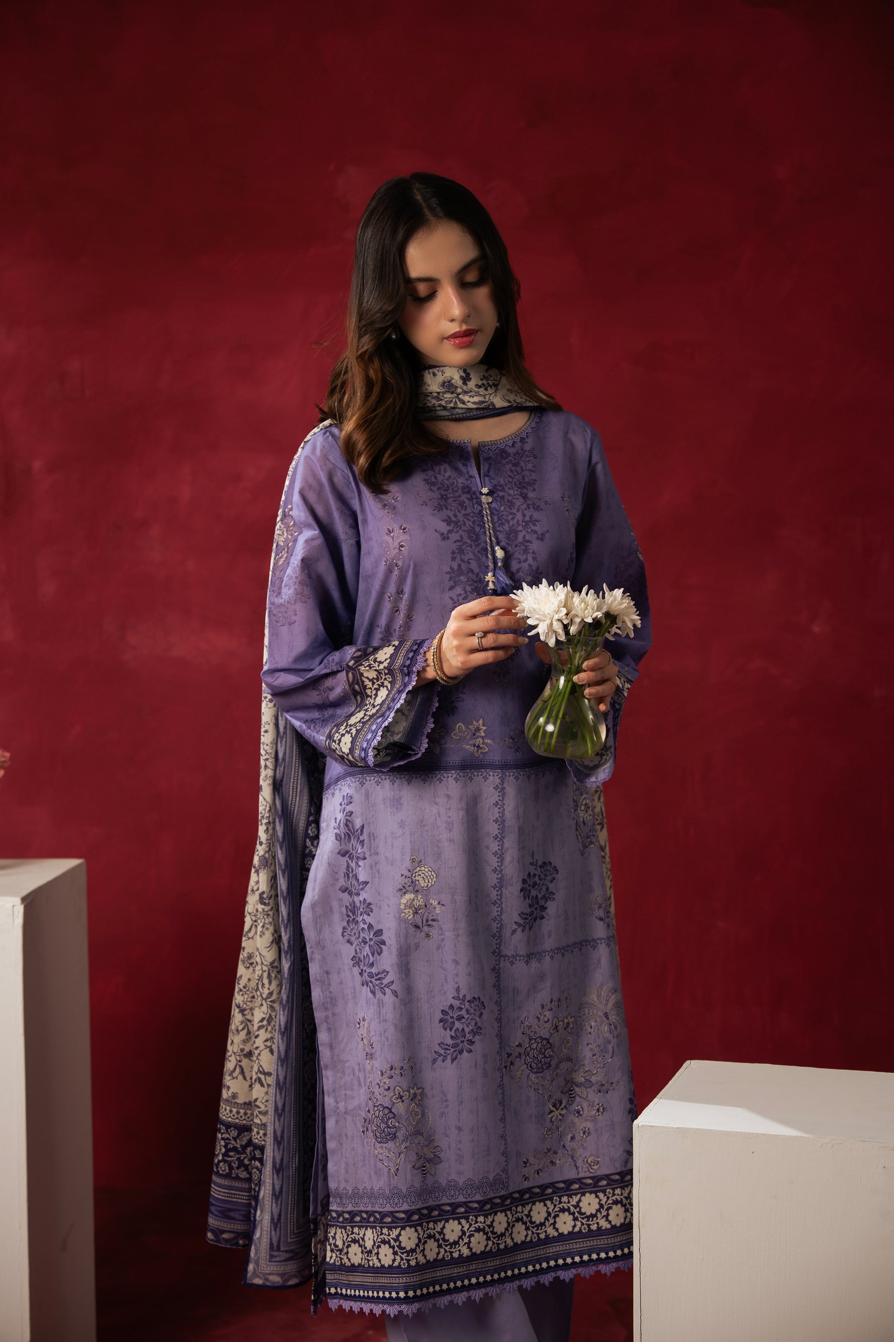 Elegant lavender unstitched 3-piece printed lawn suit featuring a lightweight floral dupatta and matching trouser fabric