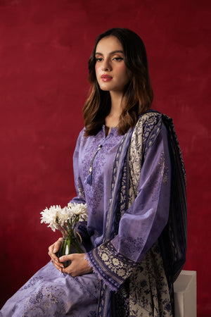 Elegant lavender unstitched 3-piece printed lawn suit featuring a lightweight floral dupatta and matching trouser fabric