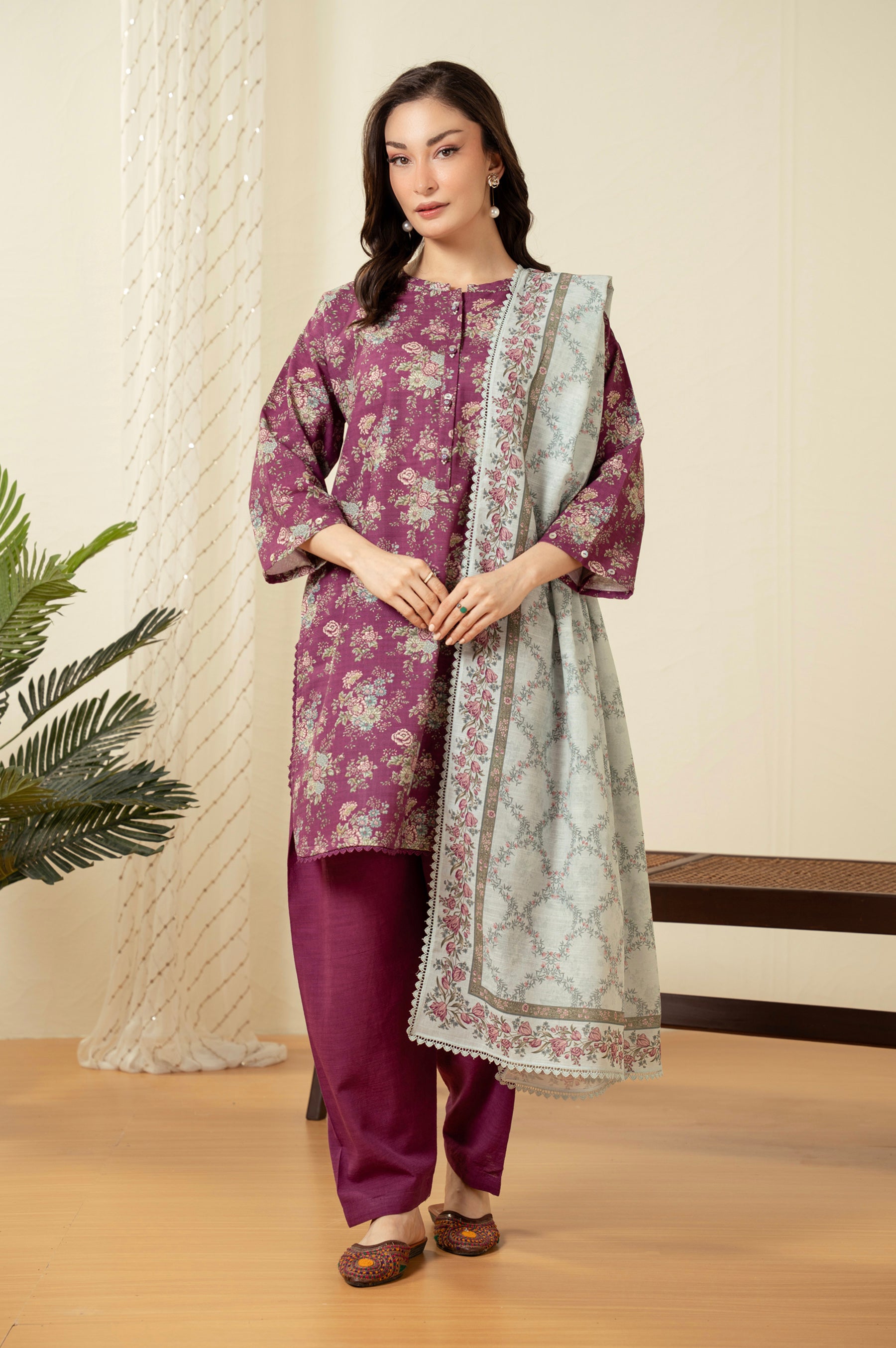 Elegant purple 3-piece unstitched printed suit crafted with high-retention dye on premium summer fabric
