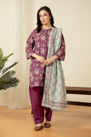 Elegant purple 3-piece unstitched printed suit crafted with high-retention dye on premium summer fabric