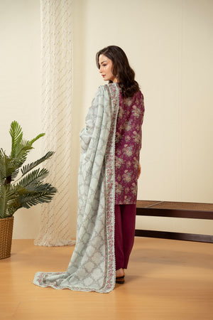 Elegant purple 3-piece unstitched printed suit crafted with high-retention dye on premium summer fabric
