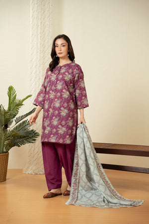 Elegant purple 3-piece unstitched printed suit crafted with high-retention dye on premium summer fabric