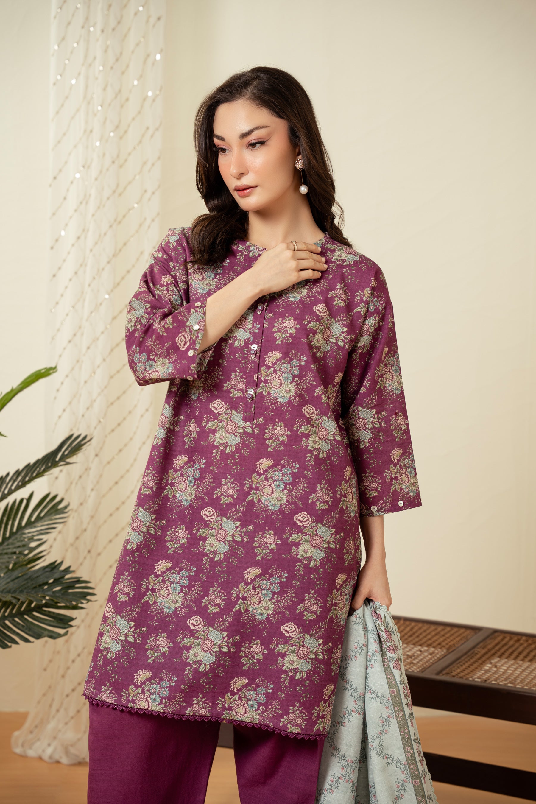 Elegant purple 3-piece unstitched printed suit crafted with high-retention dye on premium summer fabric