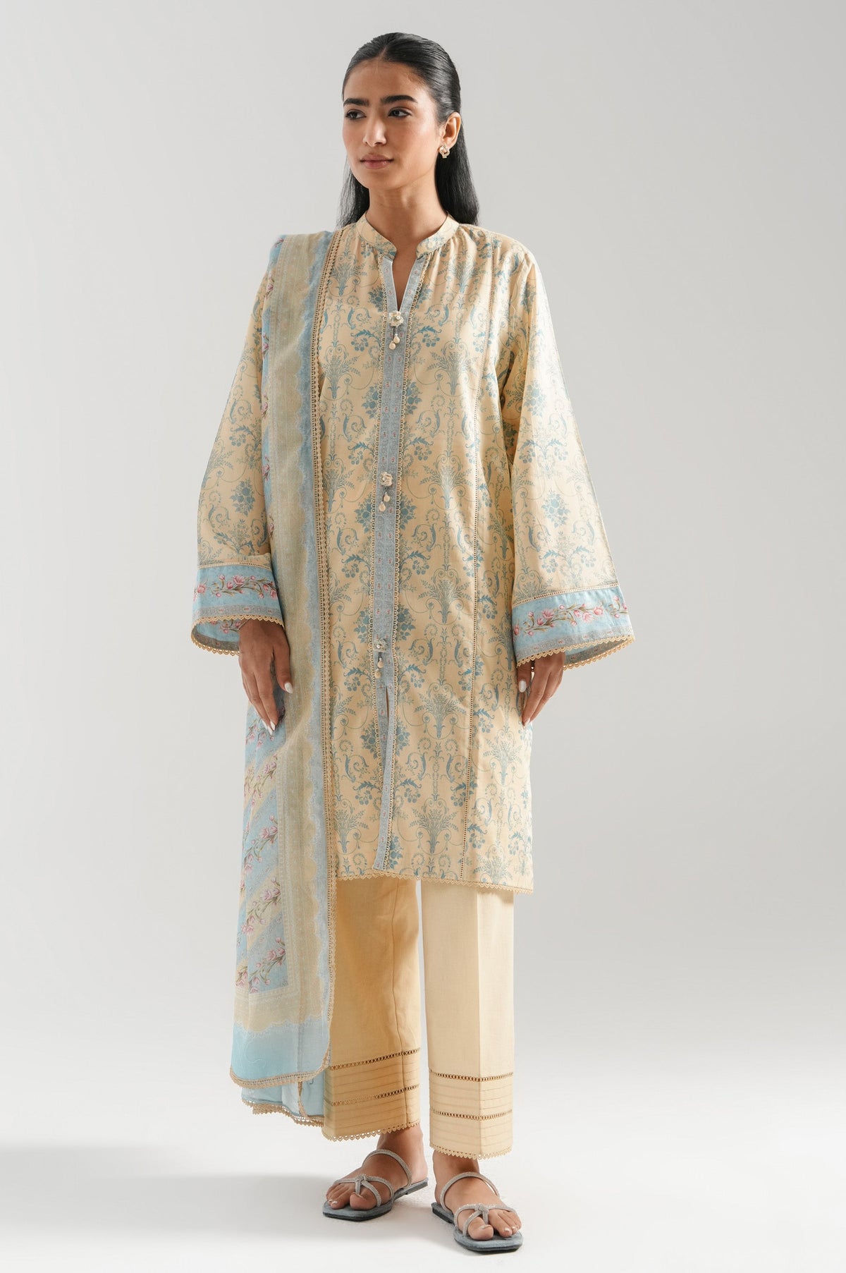 High-end beige digital printed lawn unstitched 3-piece suit featuring crisp, high-definition floral styling