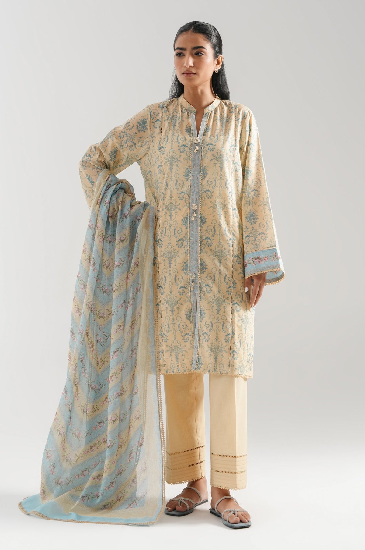 High-end beige digital printed lawn unstitched 3-piece suit featuring crisp, high-definition floral styling