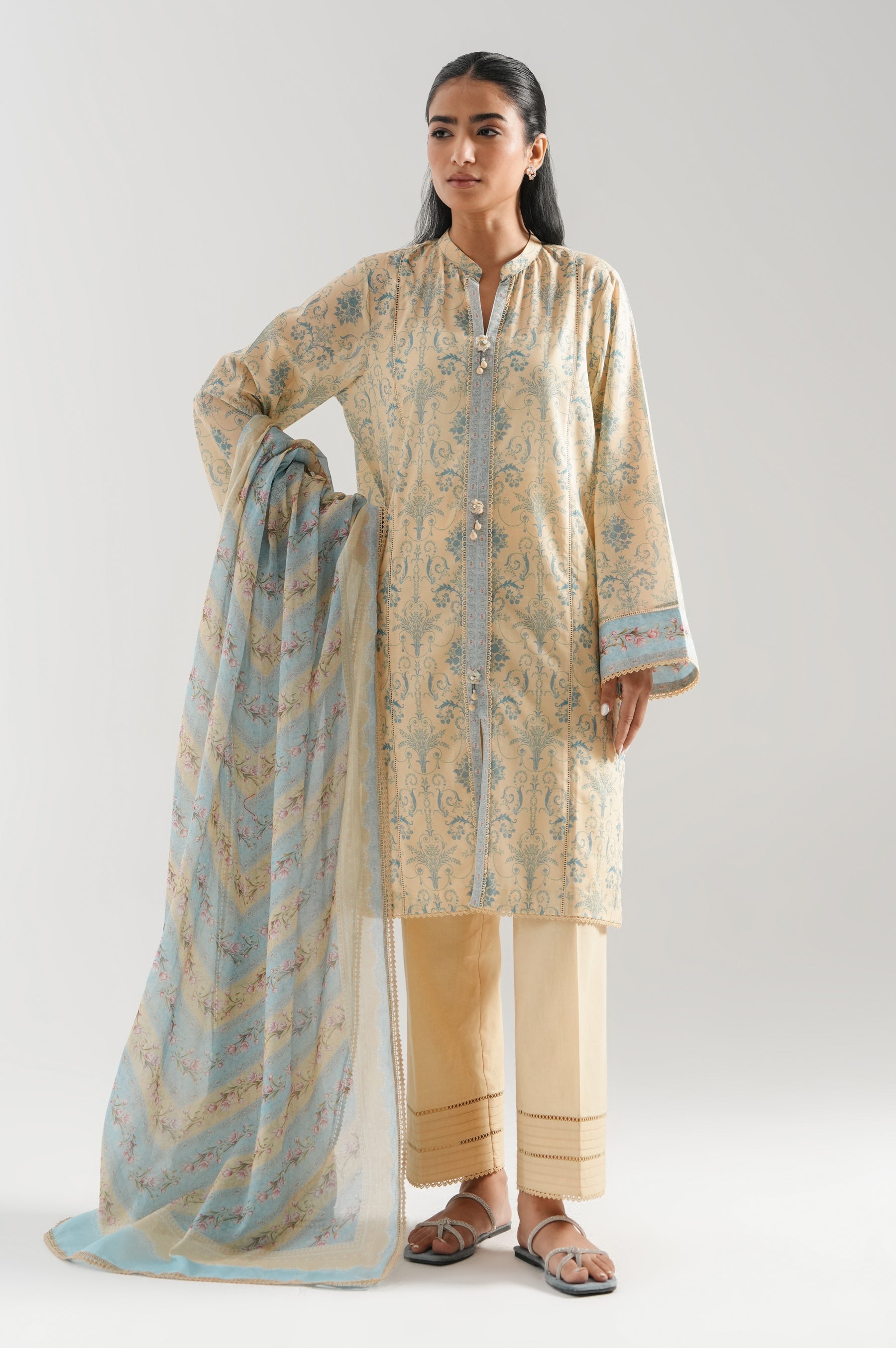 High-end beige digital printed lawn unstitched 3-piece suit featuring crisp, high-definition floral styling