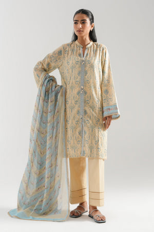 High-end beige digital printed lawn unstitched 3-piece suit featuring crisp, high-definition floral styling