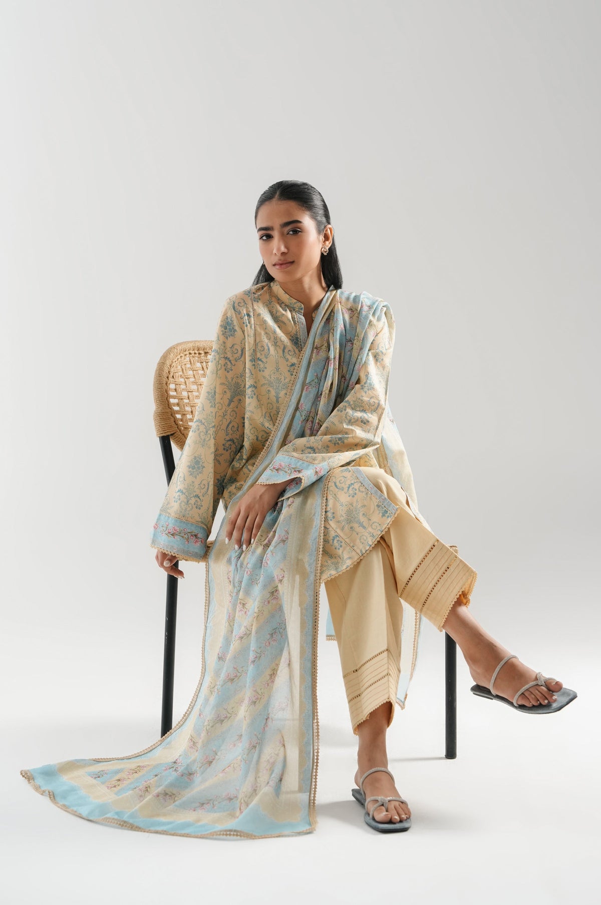 High-end beige digital printed lawn unstitched 3-piece suit featuring crisp, high-definition floral styling