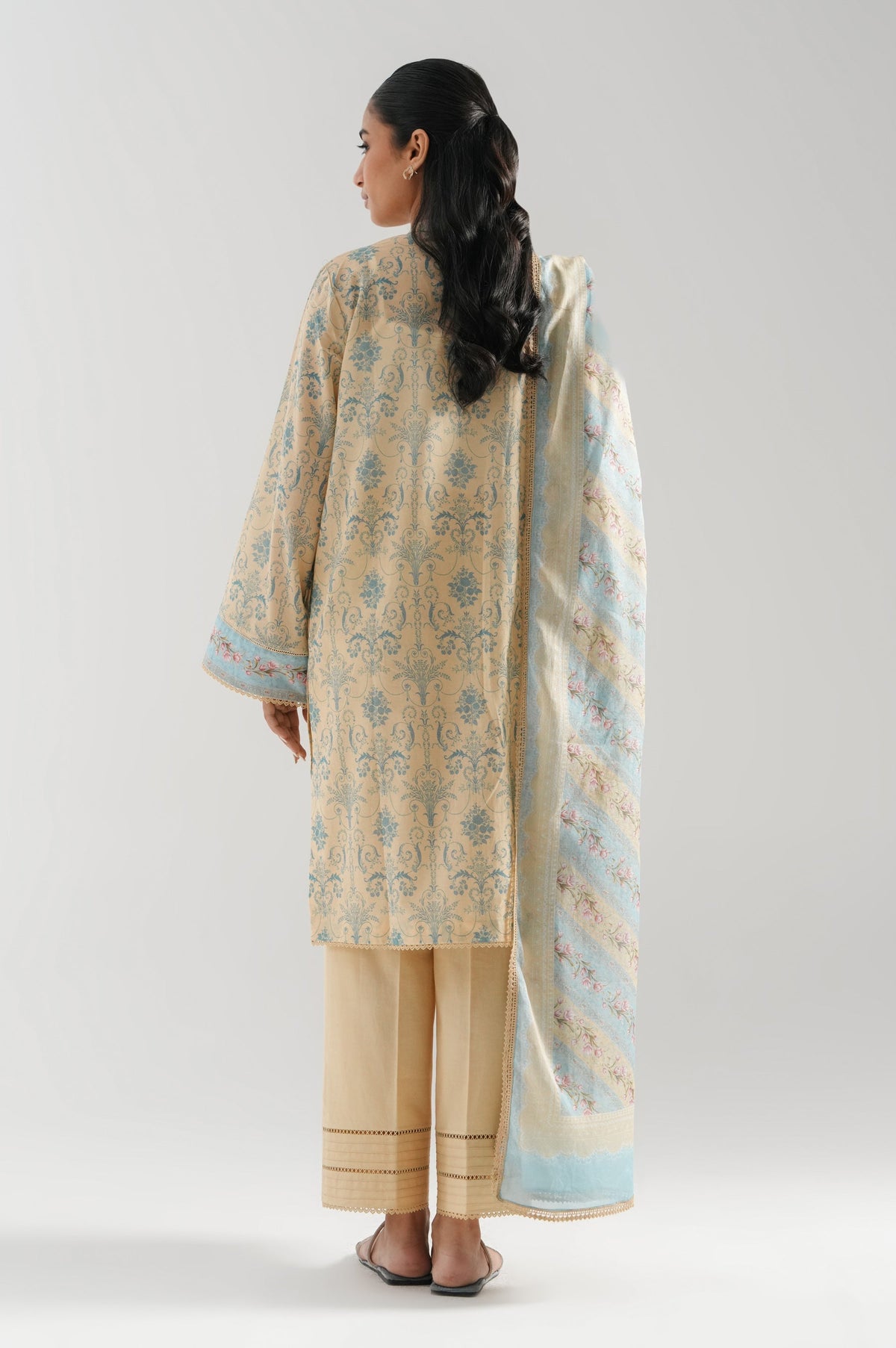 High-end beige digital printed lawn unstitched 3-piece suit featuring crisp, high-definition floral styling