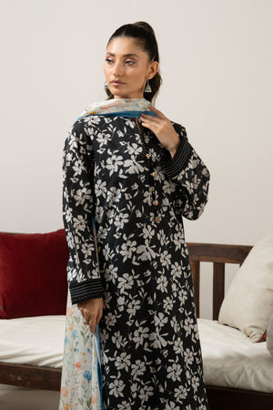 Luxury black unstitched 3-piece printed lawn dress material featuring detailed ethnic print layout lines