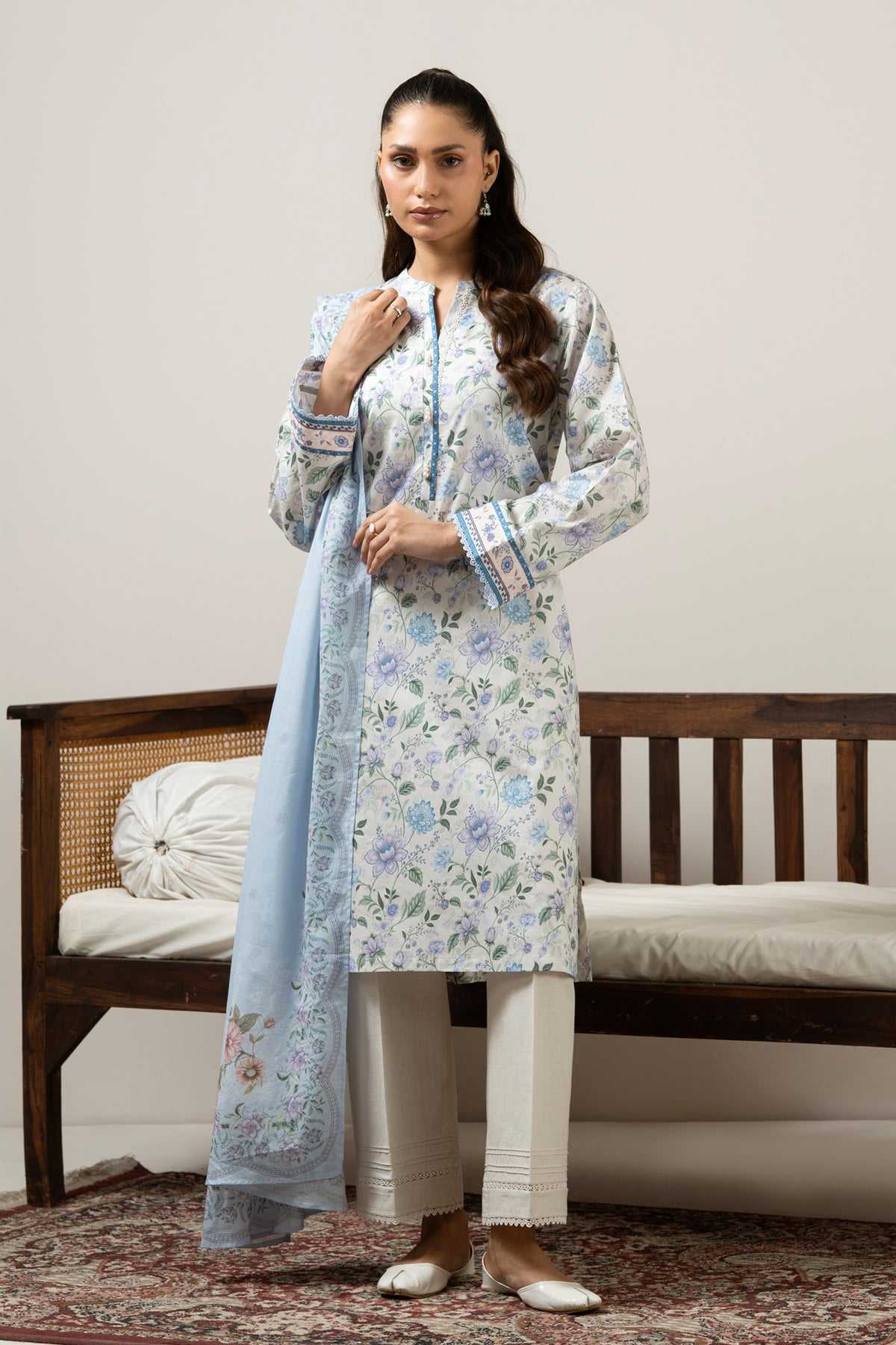 Minimalist light grey unstitched 3-piece printed lawn suit displaying an executive, subtle aesthetic finish