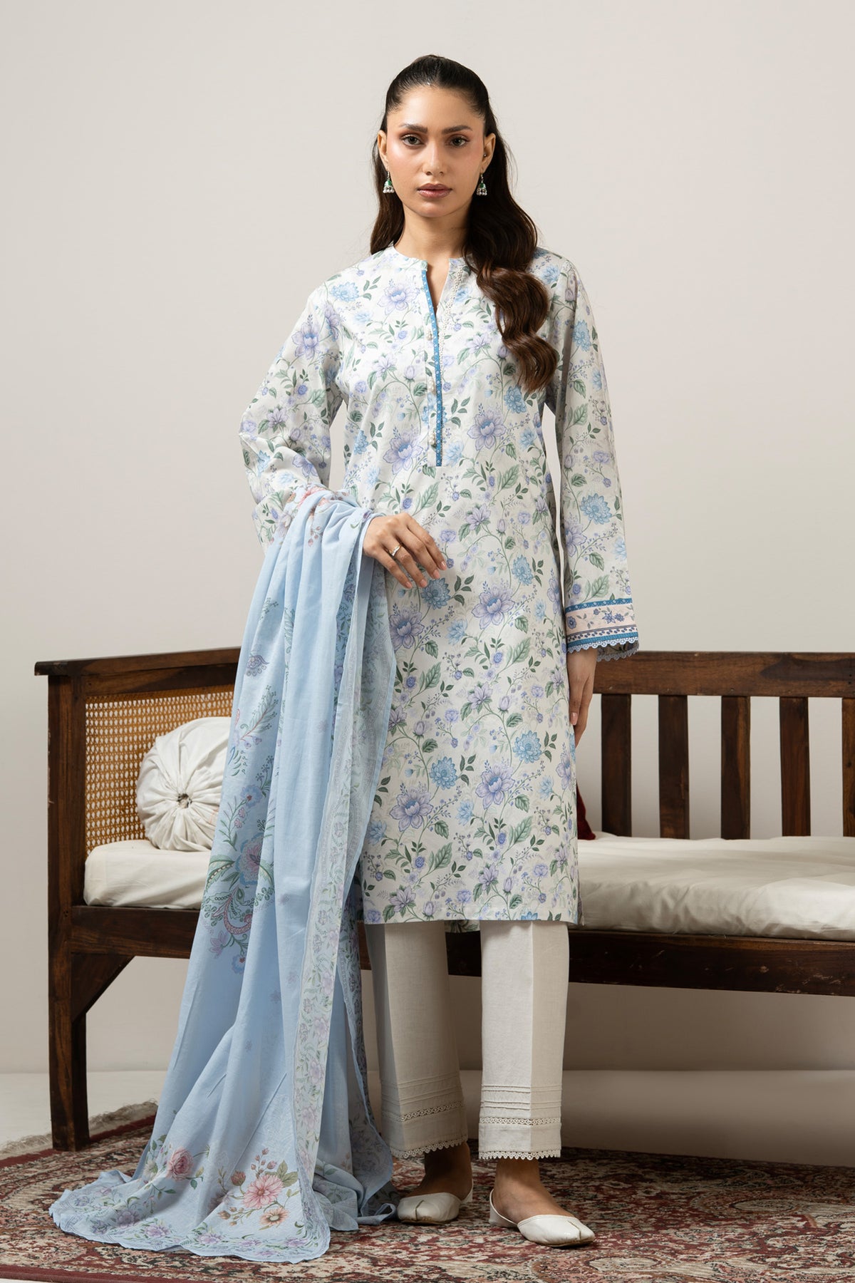Minimalist light grey unstitched 3-piece printed lawn suit displaying an executive, subtle aesthetic finish
