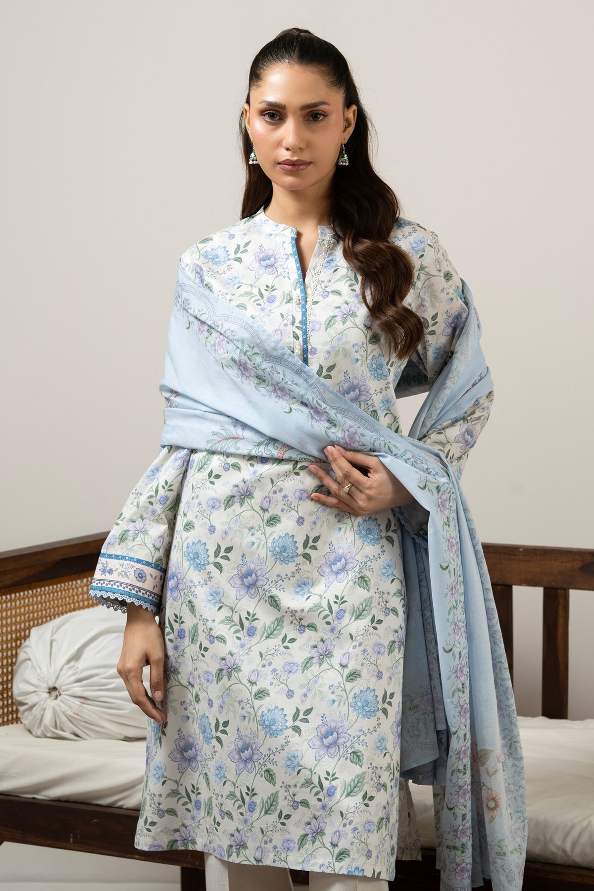 Minimalist light grey unstitched 3-piece printed lawn suit displaying an executive, subtle aesthetic finish