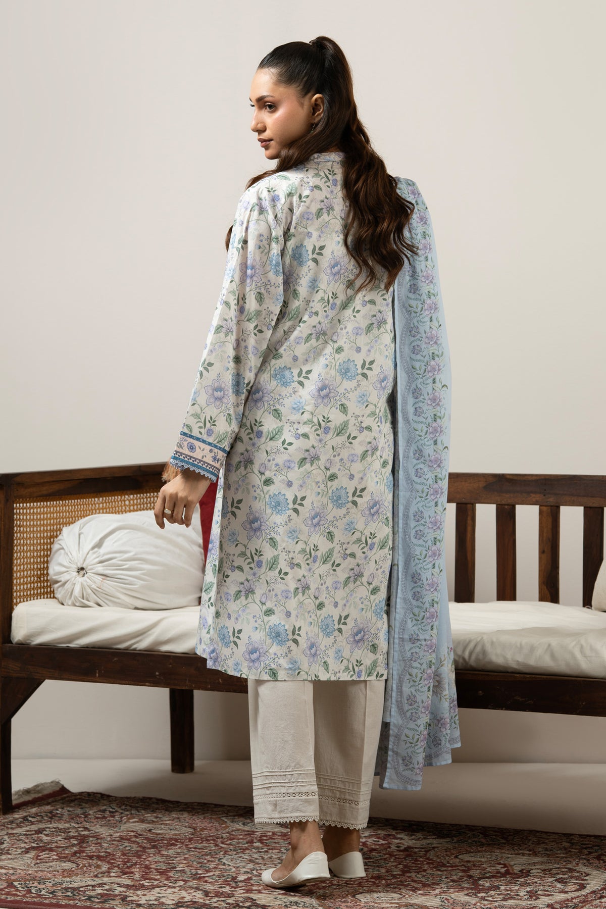 Minimalist light grey unstitched 3-piece printed lawn suit displaying an executive, subtle aesthetic finish