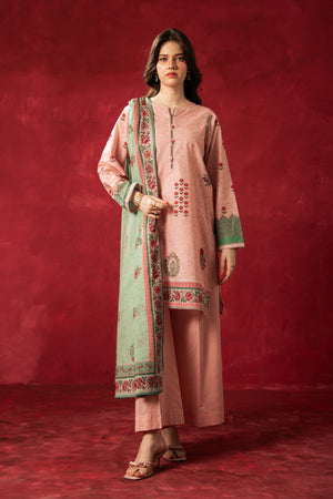 Premium peach printed lawn unstitched 3-piece suit with a coordinating dupatta and trousers from Zeen Zoe Collection