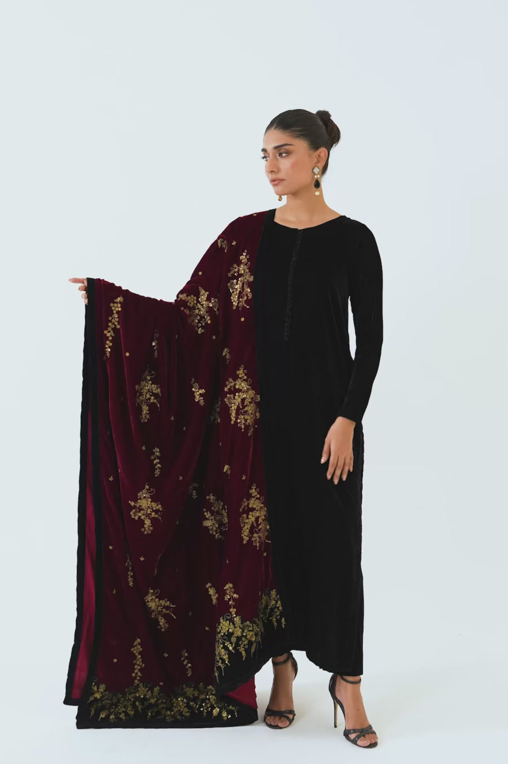 Embroidered Velvet Shawl -  Mahogany